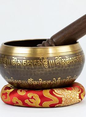 尼泊尔手工佛音碗瑜伽颂钵音疗六字梵文经文静心钵瑜伽铜盂摆件
