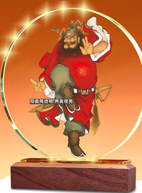 驱魔钟馗职场防小人画像双面水晶摆台办公室客厅桌面摆件镇宅神像