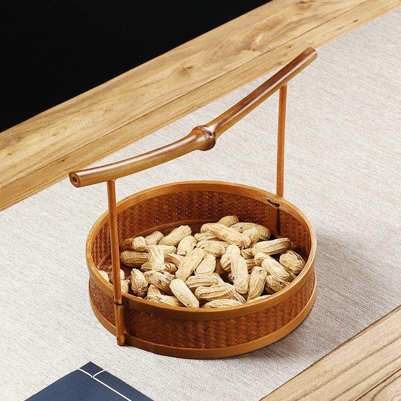 手工竹编大漆提篮中式覆古茶具收纳筐家用圆形水果篮点心篮整理筐,淘宝优惠券,粉丝福利购,淘宝优惠卷