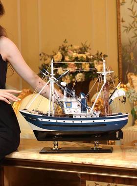 船模型摆件一帆风顺帆船摆件仿真渔船模型45CM一帆风顺实木帆船模