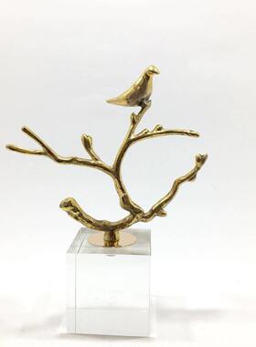 现代新中式金属铜枝小鸟摆件水晶样板房书房客厅创意软装饰品