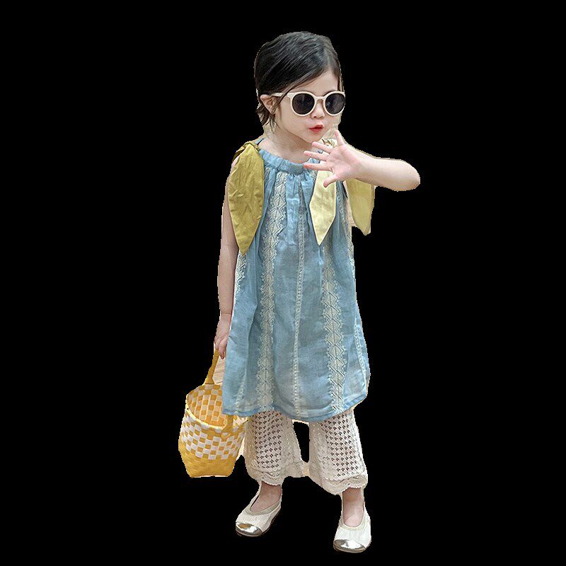 水蓝夏日刺绣连衣裙蕾丝微喇叭裤女童儿童夏款童装套装清新吊带裙