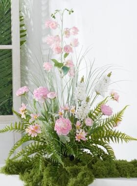 模拟花卉景观，假花装饰，室内地板插花，芦苇角窗花丛，婚礼花束