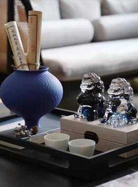 新中式琉璃狮子托盘陶瓷牛样板房间茶几软装饰品轻奢书房茶桌摆件
