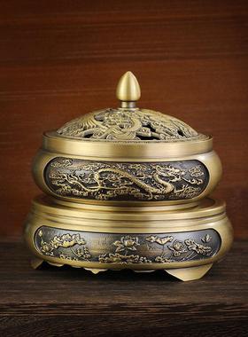 黄铜米缸纯铜香炉莲花山水底座圆形覆古聚财摆件家居小铜器工艺礼