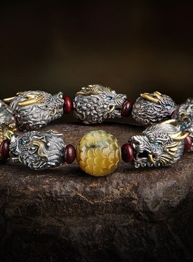 文玩小叶紫檀龙生九子手持手串男款盘玩龙头手链女串珠盘玩物复古