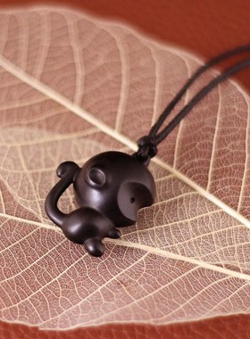 黑檀木生肖猴吊坠项链可调节活结绳猴立体挂件男女朋友小孩礼物