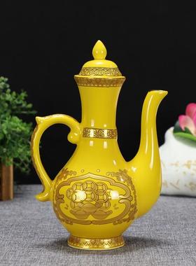 中式红黑黄色陶瓷招财进宝圣水壶佛具供佛供茶壶圣水杯桌面摆件