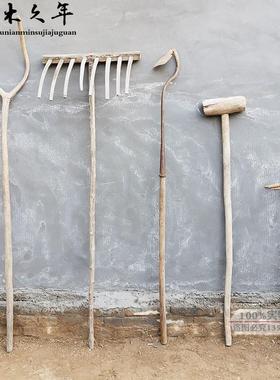 怀旧覆古农具老物件农耕工具老木叉旧木耙锄头民俗农家院装饰摆饰