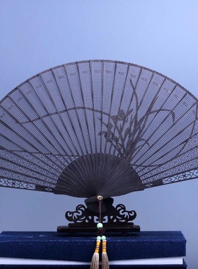 中国风紫檀乌木折扇子黑檀香扇子F香木扇出国礼品扇镂空工艺扇