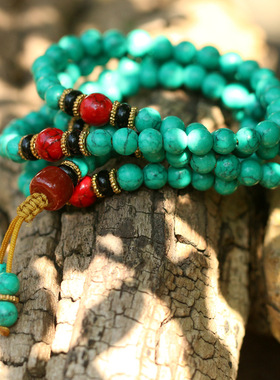 优化绿松石 6mm8mm108颗藏式民族风佛珠手链 男女情侣款多圈手串