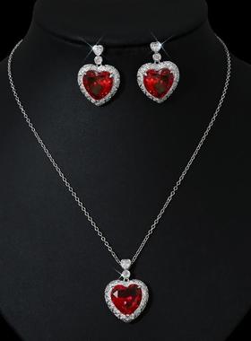 项链爱心锆石链锁骨套装小众感高级女粉钻吊坠设计气质粉色耳环粉