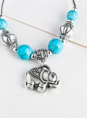 民族风复古绿松石手链动物吊坠手链银色手饰合金配饰古着藏式手串