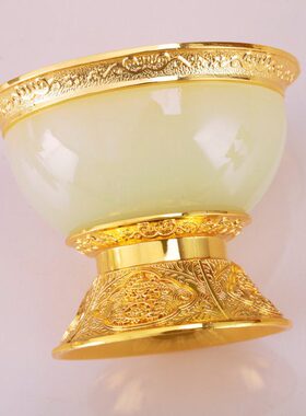 西藏古法仿玉碗合金八吉祥石装供佛家用供奉摆件半透明供水杯古风