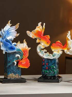 2024新年客厅年年有余锦鲤鱼摆件春节玄关酒柜桌面招财扇子装饰品
