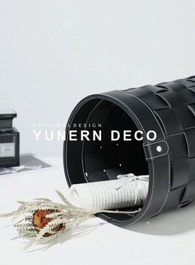 欧式高级感手工编织皮革收纳筐家用衣帽间脏衣篓摆件杂物置物框