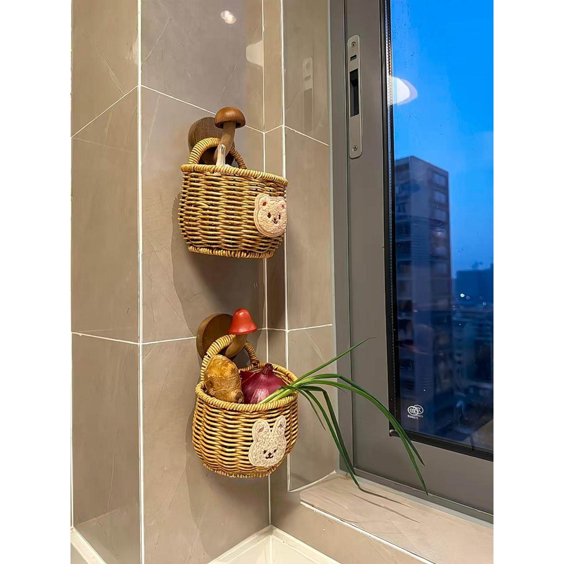 姜蒜收纳篮卡通小熊厨房藤编织鸡蛋生姜大蒜收纳筐壁挂式置物盒,淘宝优惠券,粉丝福利购,淘宝优惠卷