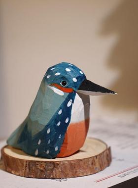 翠鸟手工木雕小鸟摆件卡通可爱动物办公室桌面创意实木雕刻装饰品