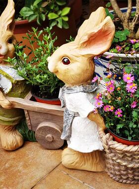 花园庭院户外装饰创意树脂卡通推车兔子花盆园艺别墅园林雕塑摆件