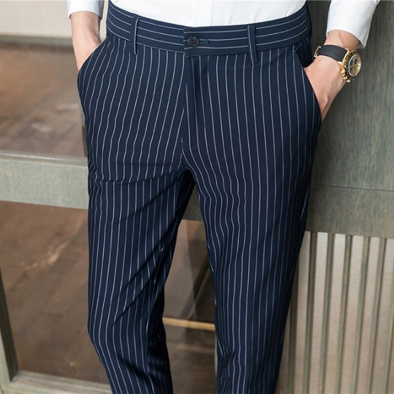 黑色竖条纹小西裤男九分裤夏季修身小脚休闲西装长裤弹力胖子大码,淘宝优惠券,粉丝福利购,淘宝优惠卷