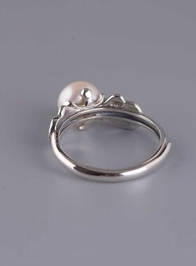 个性藏银复古工i艺开口戒指女士时尚复古烧蓝镶嵌珍珠百搭指环手