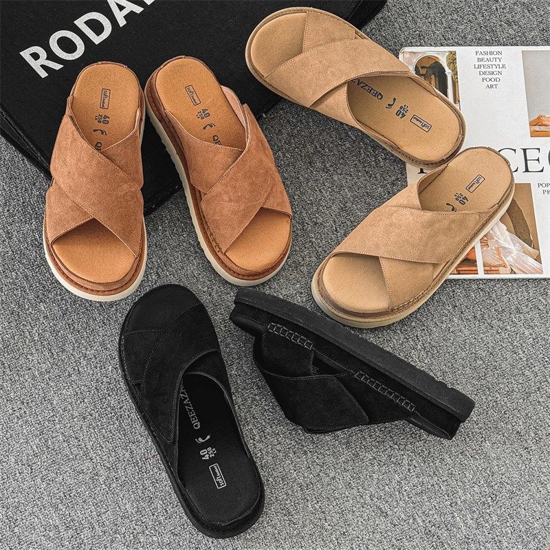 2024夏季新款交叉魔术贴拖鞋男士一字拖女休闲厚底一脚蹬凉拖真皮,淘宝优惠券,粉丝福利购,淘宝优惠卷