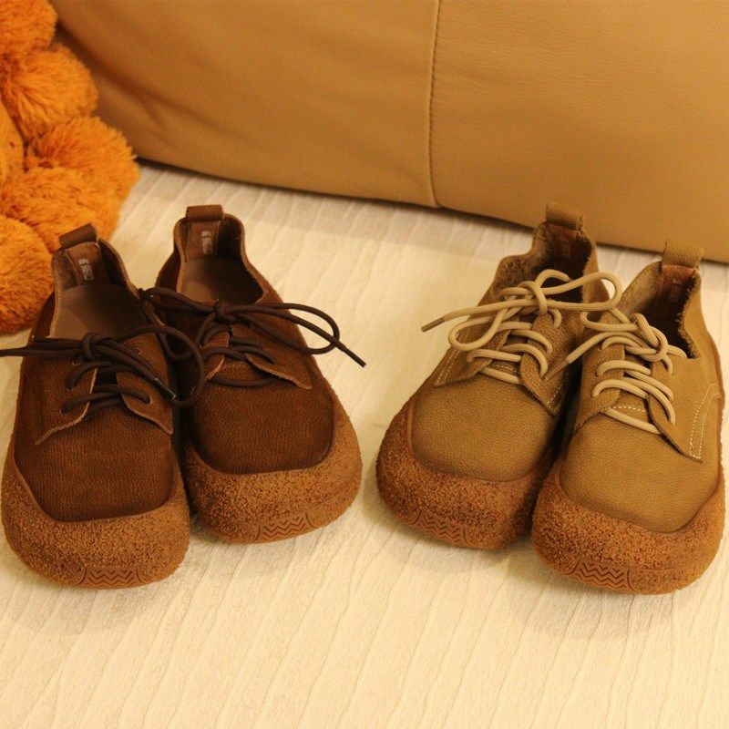 6366花藤萝蔓 牛皮圆头深口休闲系带平底软底真皮女鞋女单鞋,淘宝优惠券,粉丝福利购,淘宝优惠卷