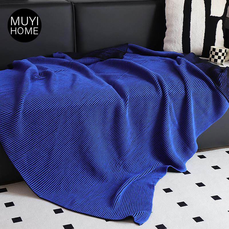 MUYI HOME幻影科技蓝纯棉针织毯子样板间装饰盖毯休闲沙发毯毛毯,淘宝优惠券,粉丝福利购,淘宝优惠卷