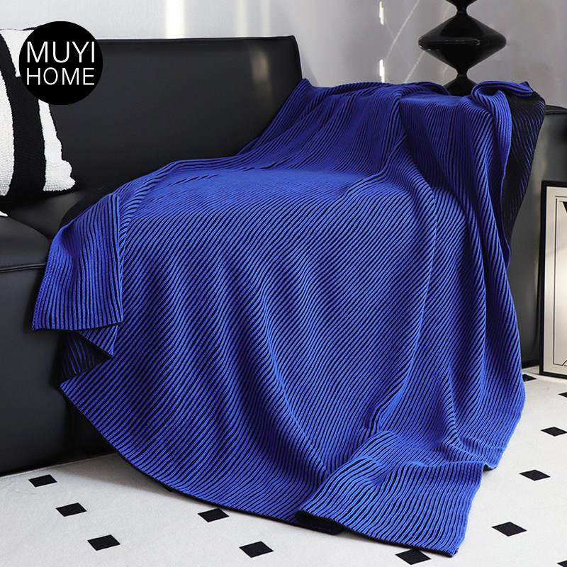 MUYI HOME幻影科技蓝纯棉针织毯子样板间装饰盖毯休闲沙发毯毛毯,淘宝优惠券,粉丝福利购,淘宝优惠卷