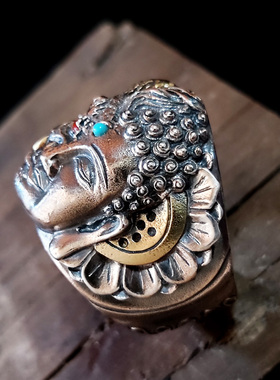 手工纯银佛魔一念之间戒指男款复古霸气半魔半佛银指环个性银戒指