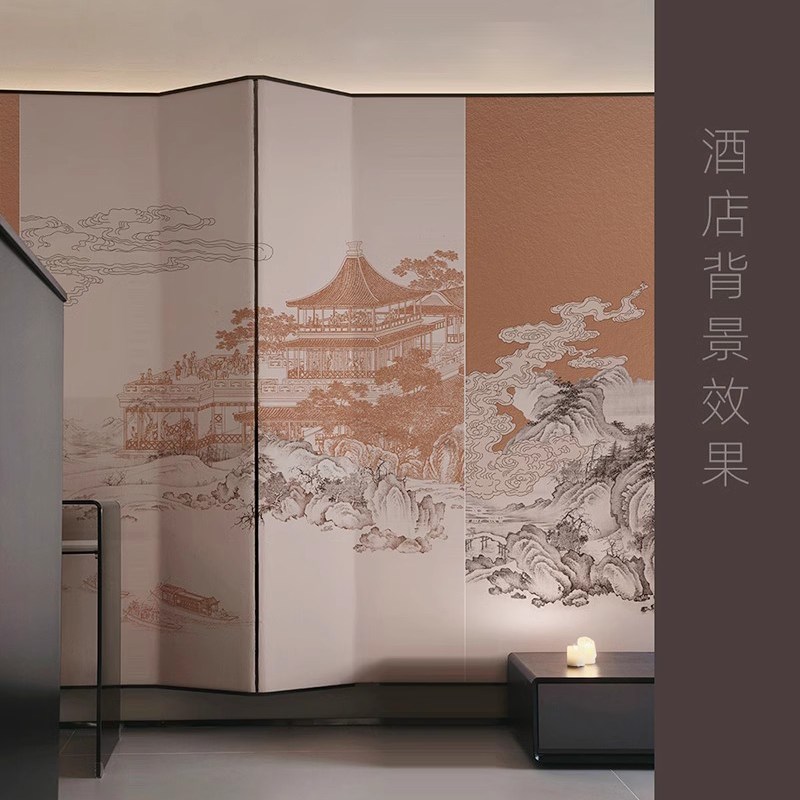 新中式3d立体浮雕亭台楼阁u墙纸酒店客厅卧室电视背景墙壁画纸墙 - 图0