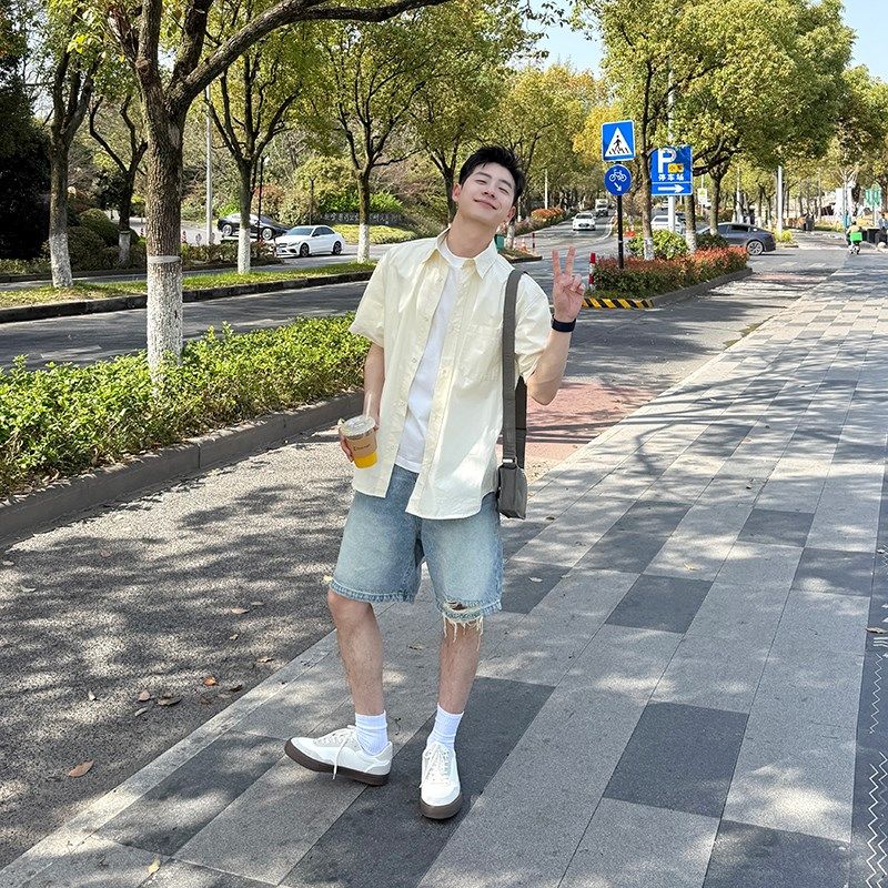 蓝色水洗做旧破洞牛仔短裤夏季2025新款男生五分裤子宽松休闲潮流,淘宝优惠券,粉丝福利购,淘宝优惠卷