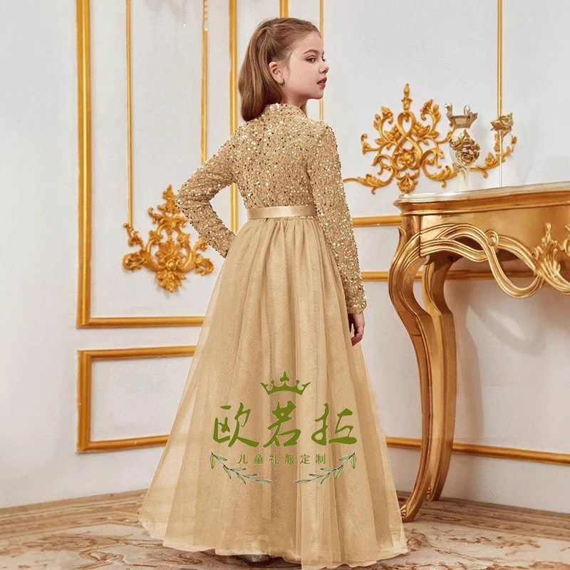 2024冬季新款丝绒亮片立领长袖儿童主持人钢琴模特走秀演出晚礼服,淘宝优惠券,粉丝福利购,淘宝优惠卷