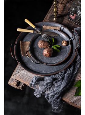 覆古圆形做旧铁艺提手托盘美食拍照摄影道具家居装饰ins风收纳盘