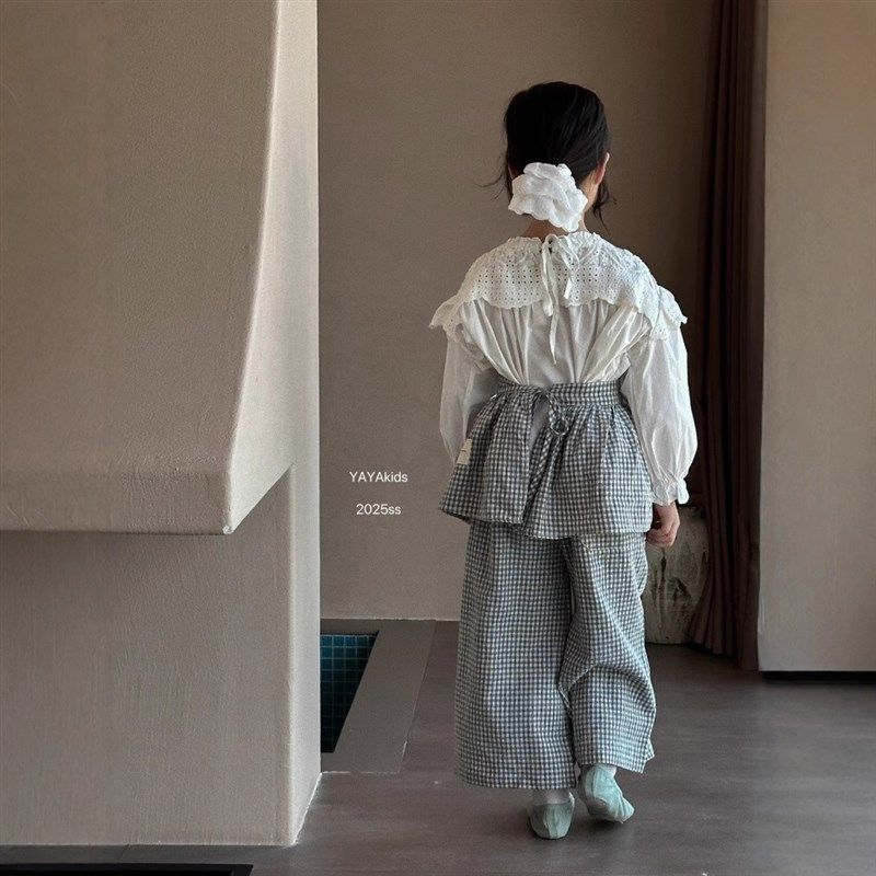 新款春装女童叠穿纯棉长裤儿童棉麻格子直筒裤围裙套装花边娃娃衫,淘宝优惠券,粉丝福利购,淘宝优惠卷