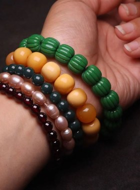 雪巴琉璃菜籽绿瓜珠手串单圈佛珠手捻男女饰品佩戴民族风文玩配饰