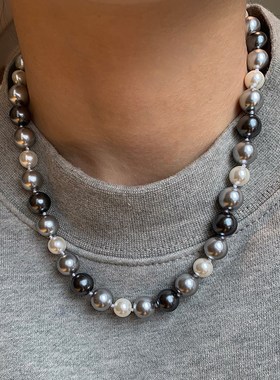 法式真多麻灰色珍珠项链女秋冬配饰2024新款轻奢高级感毛衣链颈链