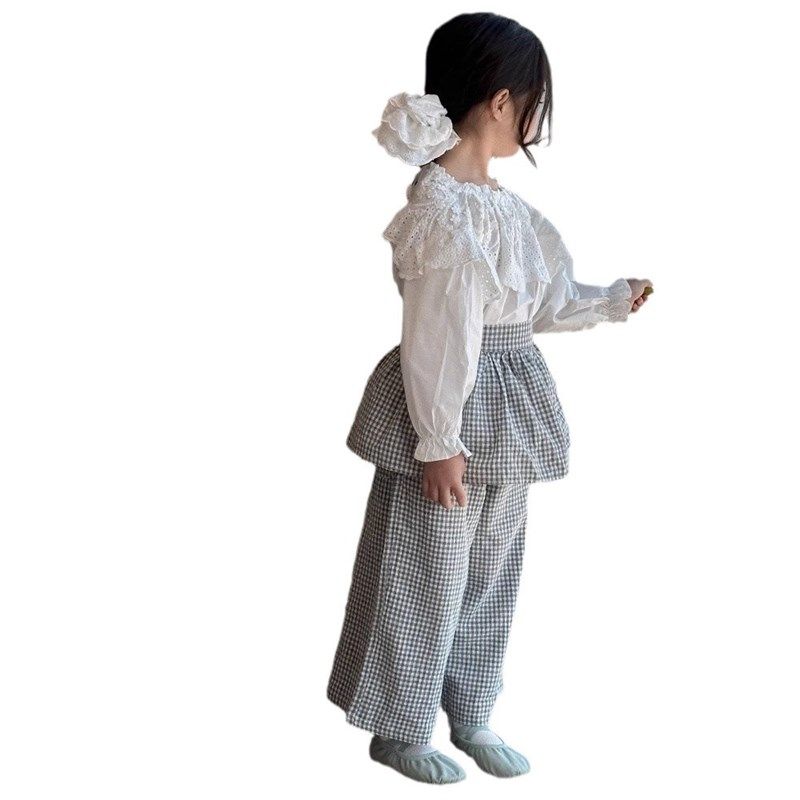 新款春装女童叠穿纯棉长裤儿童棉麻格子直筒裤围裙套装花边娃娃衫,淘宝优惠券,粉丝福利购,淘宝优惠卷