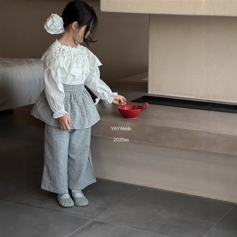 新款春装女童叠穿纯棉长裤儿童棉麻格子直筒裤围裙套装花边娃娃衫,淘宝优惠券,粉丝福利购,淘宝优惠卷