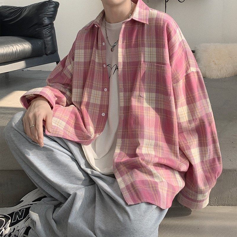 格子衬衫男长袖潮牌潮流日系宽松港风上衣服百搭韩版复古休闲衬衣,淘宝优惠券,粉丝福利购,淘宝优惠卷