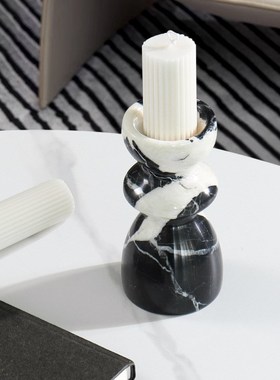 法式烛台天然大理石中古摆件高级感烛台家居氛围感玄关餐厅装饰品