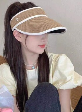 黑胶女空顶简g约大遮脸出游透气帽檐韩版海边夏季发卡遮阳帽草帽[