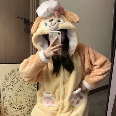 LJ 秋冬季保暖珊瑚绒睡衣女加厚加绒中长款睡裙睡袍大码家居服