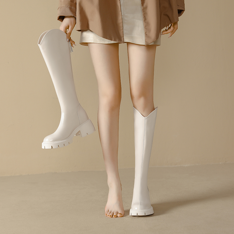 内增高9厘米白色真皮长筒s靴2023秋冬新款加绒小个子超高跟V口长 - 图0