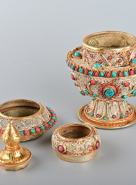 尼泊尔手工掐丝铜米p罐米盒宝瓶供奉摆件镶嵌宝石藏式供奉米盒