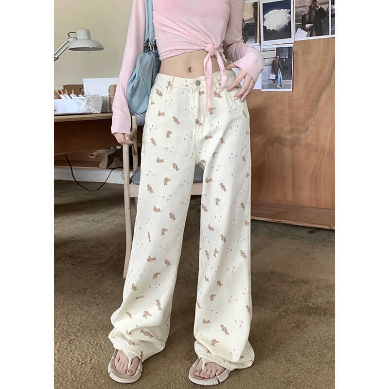 春秋新款2-300斤高腰卡通牛仔裤胖mm大码女装梨形身材宽松阔腿裤 - 图1