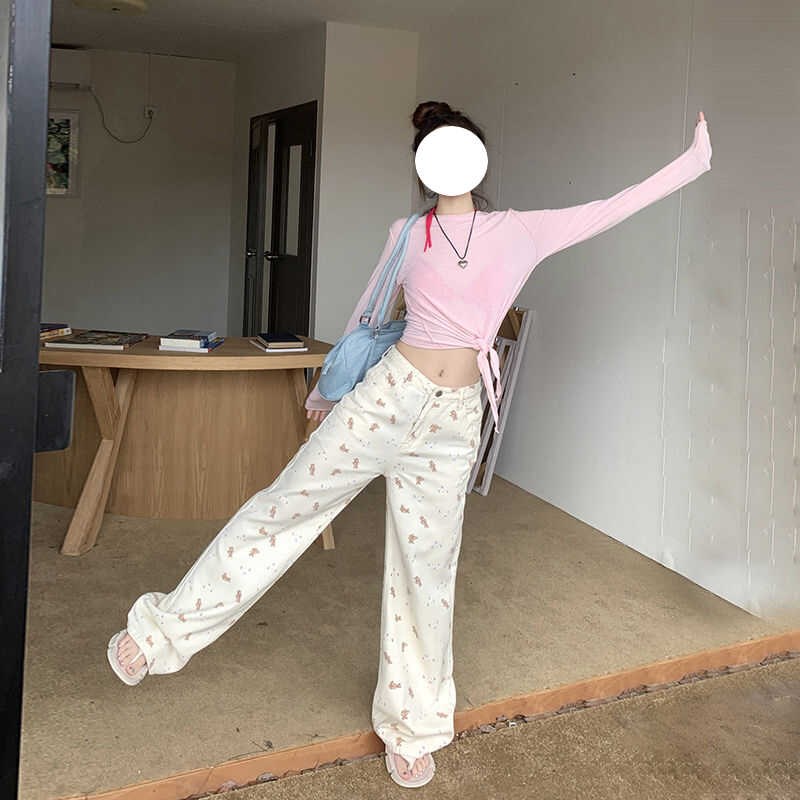 春秋新款2-300斤高腰卡通牛仔裤胖mm大码女装梨形身材宽松阔腿裤 - 图0