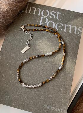 天然虎眼石银色拉丝金属串珠项炼女配饰独特小众设计高级感毛衣炼