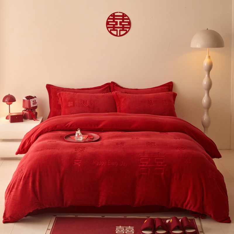 简约法兰绒结婚四件套秋冬季牛奶绒被套加厚床单S婚庆陪嫁床上用 - 图3