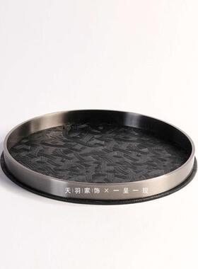 天羽现代简约圆形金属框托盘灰色系皮革椭圆装饰盘样板间茶几收纳